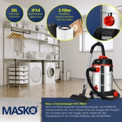 Masko® Industriestaubsauger Staubsauger Nass Trocken Sauger Edelstahl Max. 1800W -Neuetischkultur-Shop 8600364700 18540 prod 005 scaled
