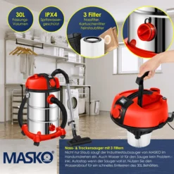 MASKO® Industriestaubsauger Staubsauger Nass Trocken Sauger Edelstahl 2300W + Steckdose | Blasfunktion | Trocken-Saugen & Nass-Saugen | Push&Clean | Industrie-Sauger Mit & Ohne Beutel | Beutellos -Neuetischkultur-Shop 8600364700 19745 prod 005 scaled